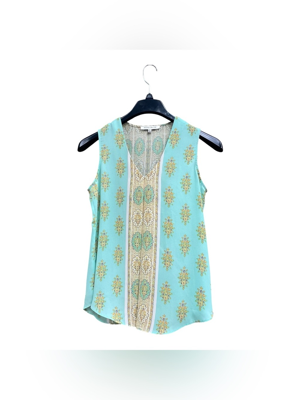 Rose & Olive Mint Floral Medallion V-Neck Tank Boho Oversized Size XS